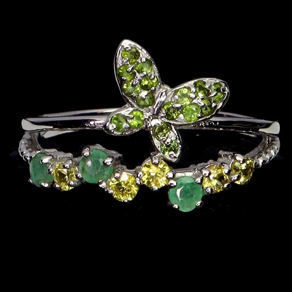Emerald, Sapphire & Chrome Diopside in 925 Sterling Silver Butterfly Ring Sz 7.